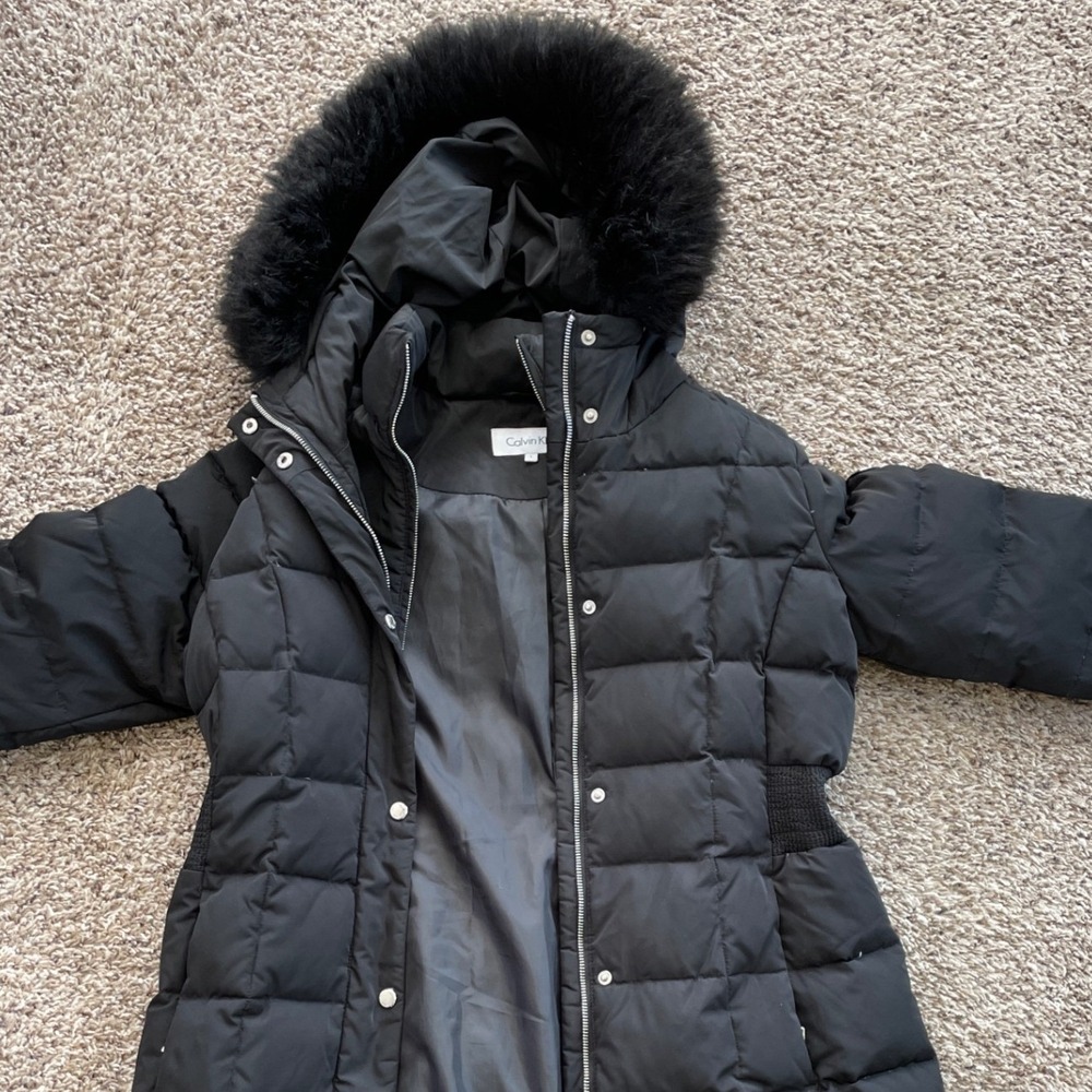 Calvin Klein Womens Black Down Fill Puffer Parka Coat Faux Fur Hood Large - Picture 5 of 16